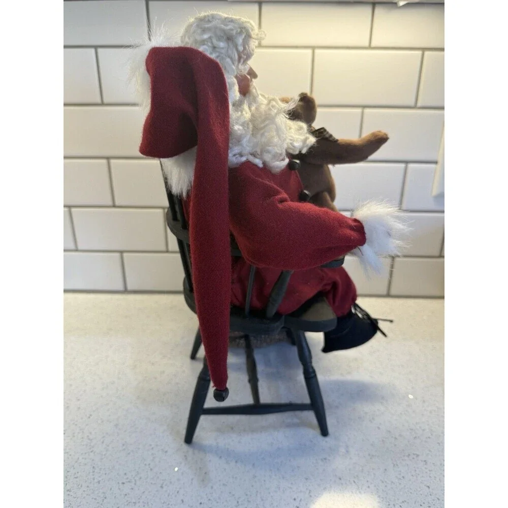 Santa Sitting In Wooden Chair Teddy Bear And Bag Decor Figurine 15